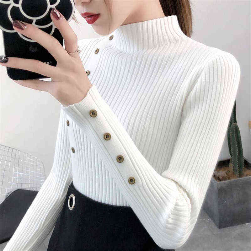 Women Autumn Knitted Slim Sweaters Solid Knitted Female Cotton Soft Elastic Color Pullovers Button Full Sleeve Turtleneck 211109