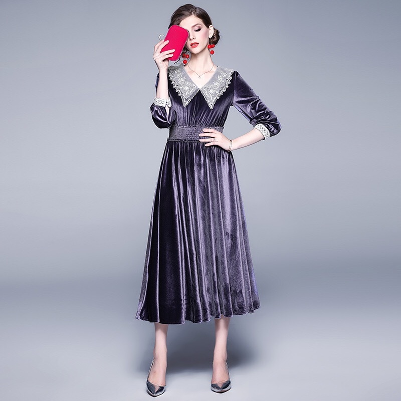 Plus Size Boho Autumn Vintage Velvet Elegant Long Midi Lantern Sleeve Dress Elastic High Waist Turn Down Collar 210421
