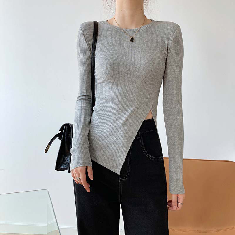TWOWINSYLE Black Side Split Shirt For Women O Neck Long Sleeve Slim Casual Shirts Female Fashion Clothing Spring 210524
