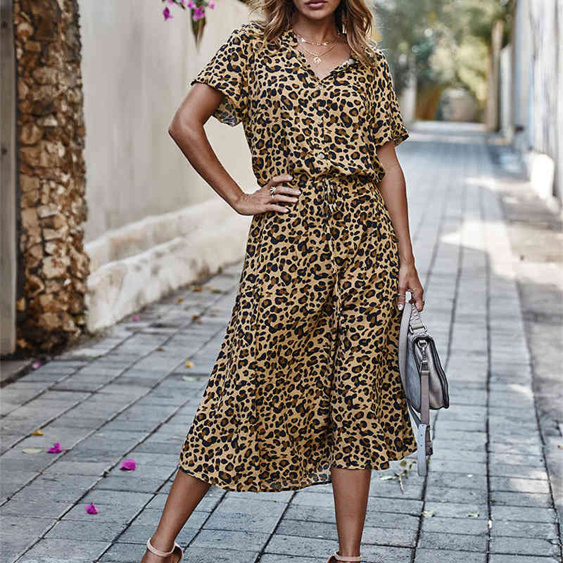 Ladies Bohemian Leopard Print Shirt Dress Women Casual Midi Holiday Summer Dress Female A-line Loose Women Beach Dress Vestidos 210331Z
