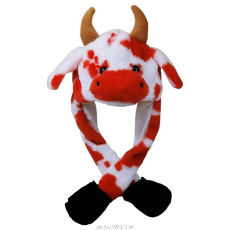 Beanie/Skull Caps LED Light Up Plush Animal Hat With Moving Jumping Ears Multicolor Cartoon Milk Cow Earflap Cap Stuffed Toys JY08 21 Dropsh