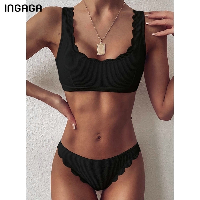 

INGAGA Push Up Bikinis Swimsuits Black Swimwear Women Scalloped Bathing Suit Solid Ribbed Biquini Bikini Set Bathers 210630, B3333