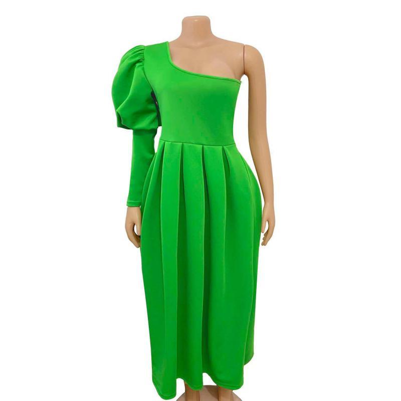 Women Dress Temperament Party es One Shoulder Long Sleeve Large Hem Maxi Solid High Waist es 210513
