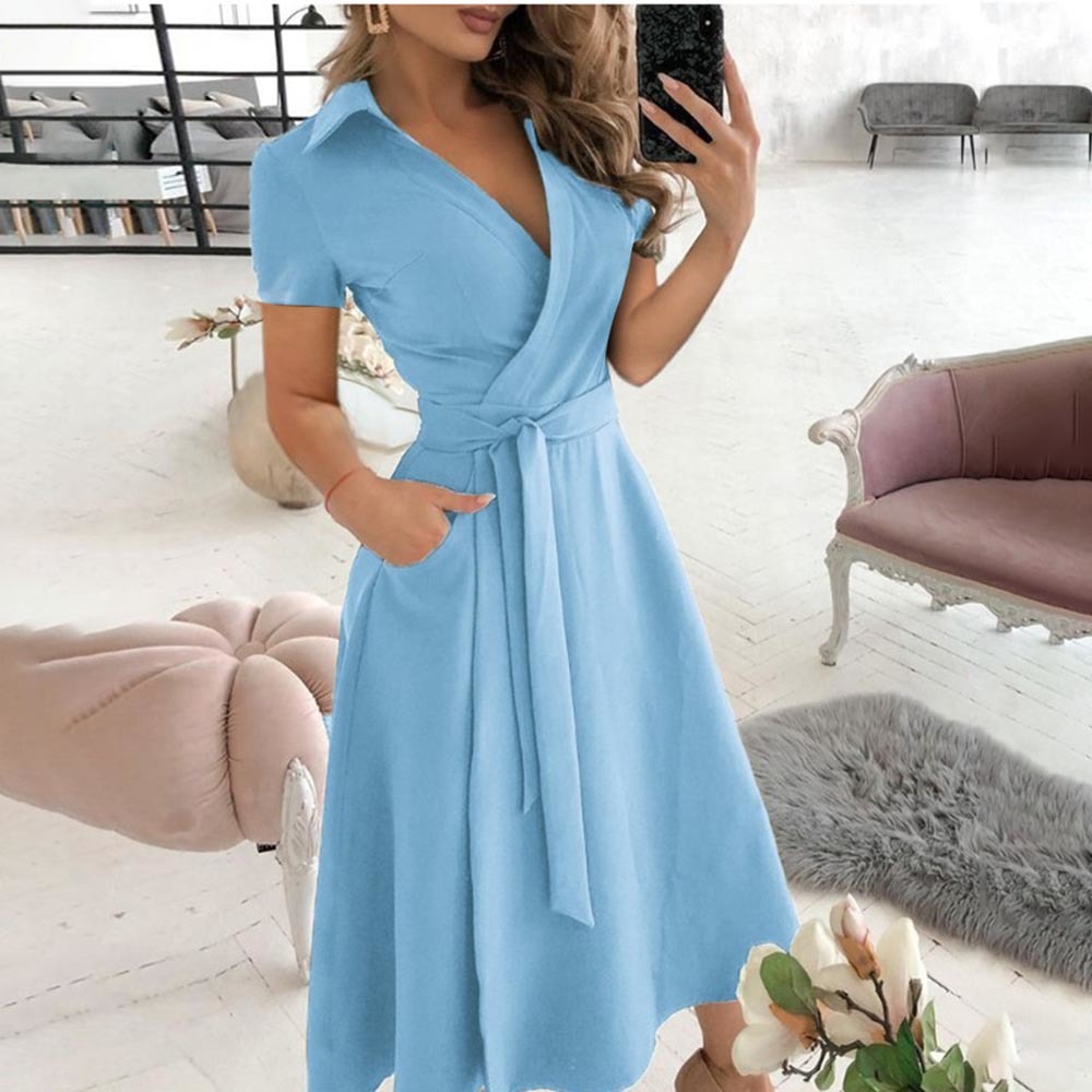 Vintage V Neck Bandage Dress Summer Short Sleeve Midi Party Women Elegant High Waist Slim Holiday Sundress 210522
