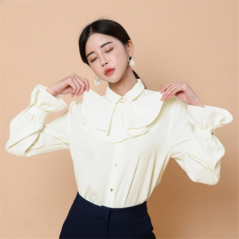 Fashion Apricot Women Formal Plus Size Blouse Elegance Flare Sleeved Bow OL Shirt Solid Office Lady Basic Tops 210421