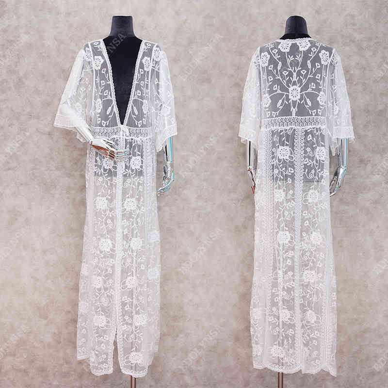 Tunics for beach Long Lace Beach Dress Women Swim Cover up Plus size Saida de Praia Robe Plage Kaftan #Q893 210420