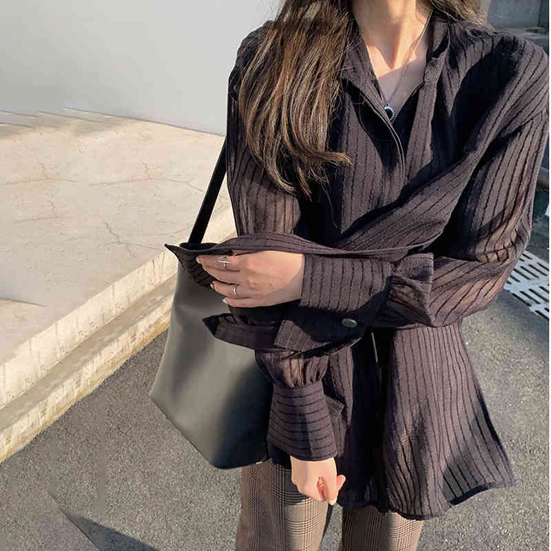 Minimalist Cross Waist Stripe Chiffon Blouse Women's Spring Laple Loose Long Sleeve Shirt Female Tide 5C394 210427