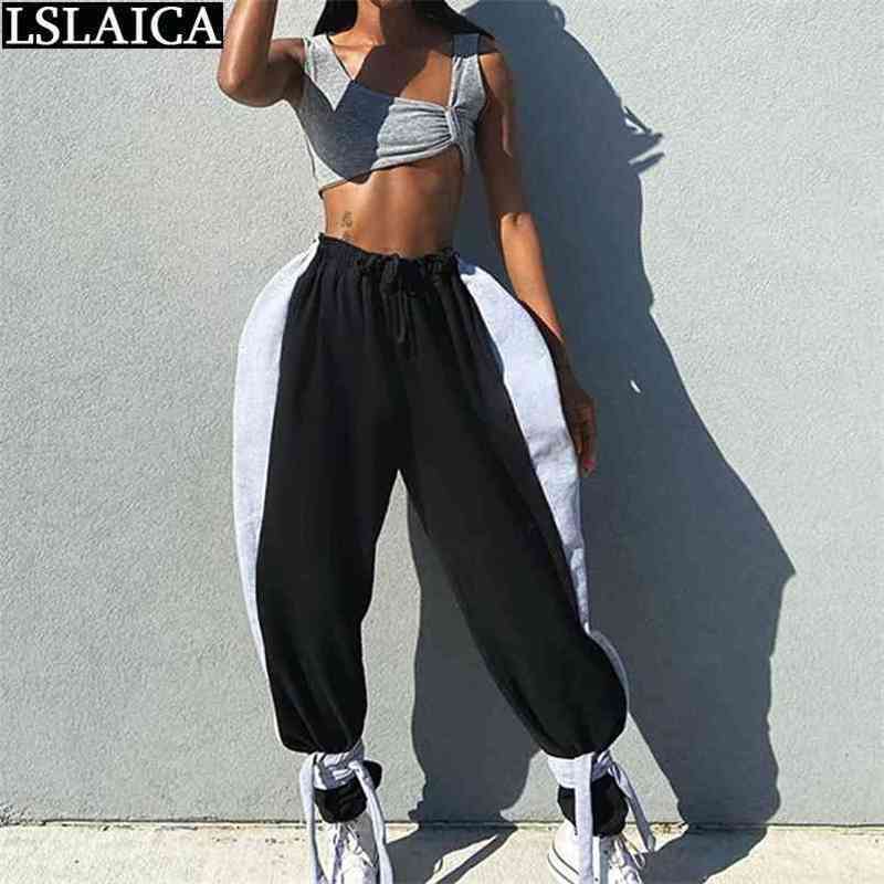 Wide Leg Pants Fashion Casual Loose Strappy for Women Full Length Elastic Waist Color Matching Pantalones De Mujer 210515