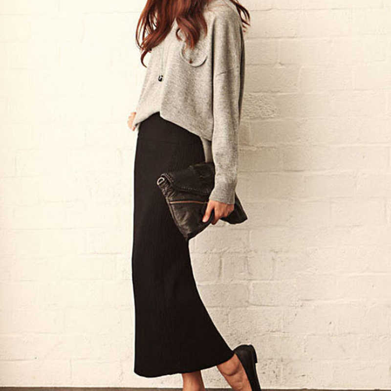 Women Autumn Knitted Long Skirt Sexy High Waist Pencil Skirts Package Hip Elastic Split Maxi Faldas Mujer 210619