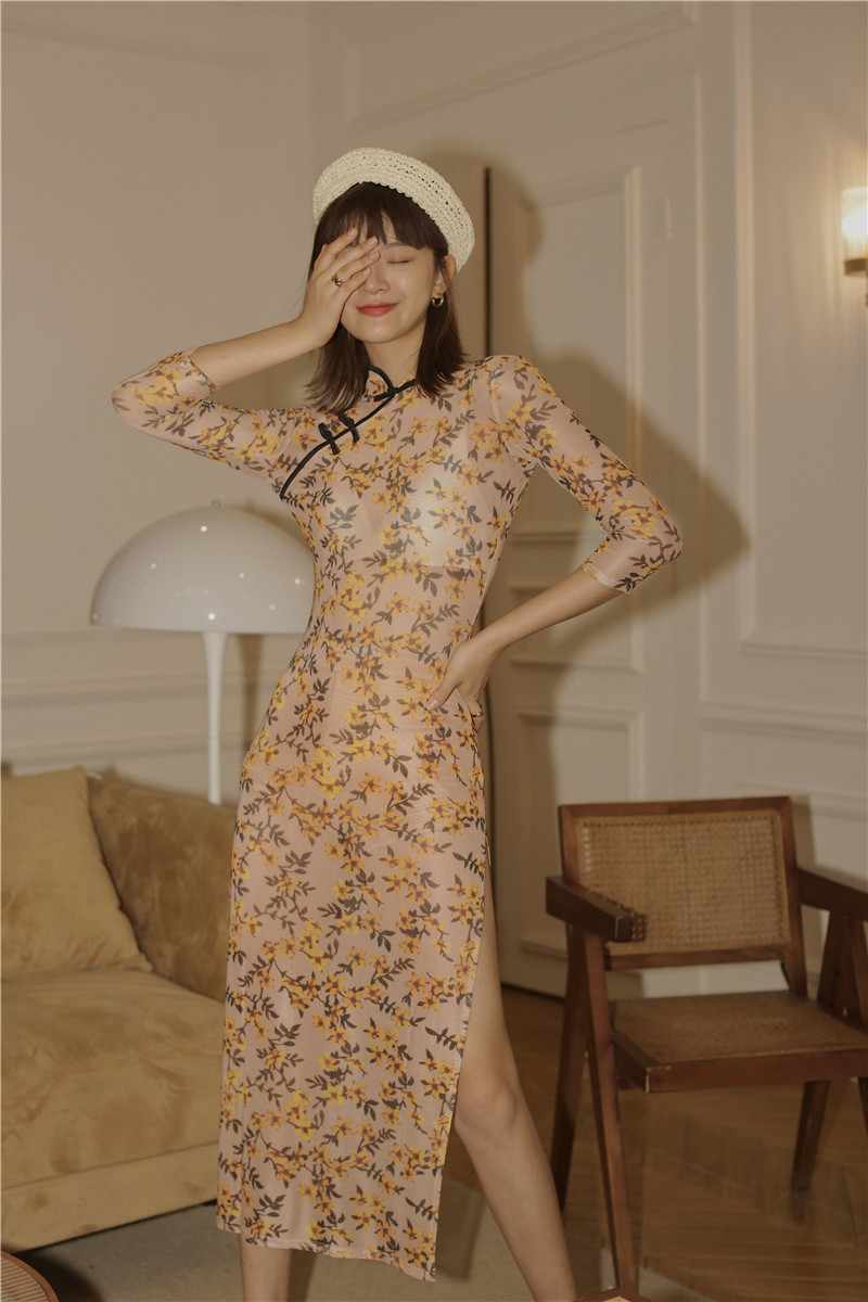 Vintage Long Midi Mesh Dress Women Mandarin Collar Bodycon Ladies Summer Floral Print Side Slit 210427