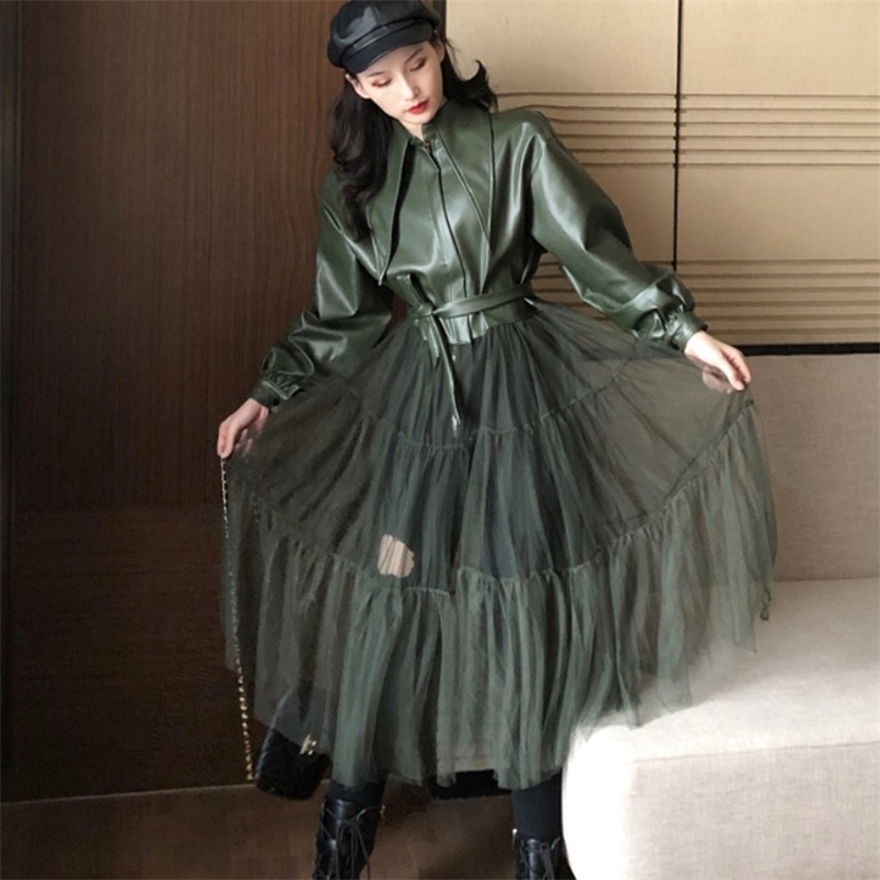 Runway Design Fashion Solid Color Long Mesh Gauze Stitching PU Leather Coat Spring Women Casual Outwear With Belt Female 210519, Army green
Runway Design Fashion Solid Color Long Mesh Gauze Stitching PU Leather Coat Spring Women Casual Outwear With Belt Female 210519, Army green