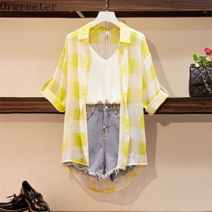 Plus Size M-4XL Casual Denim Shorts Tracksuit Women Summer Plaid Shirt Elastic Knitted Vest With Short Jeans 3 Piece sets 210602, 2 piece set
Plus Size M-4XL Casual Denim Shorts Tracksuit Women Summer Plaid Shirt Elastic Knitted Vest With Short Jeans 3 Piece sets 210602, 2 piece set
