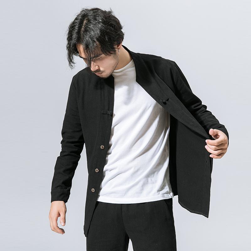 M-5XL 2021 Men Clothing Hair Stylist Fashion Chinese Style Retro Linen Buckle Long Sleeve Shirt Tang Dynasty Plus Size Costumes Men's Casual
