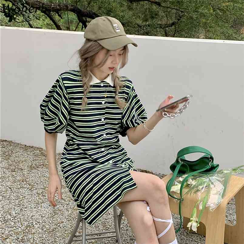 Harajuku Striped Ladies Dress Women Puff Sleeve Mini Green Shirt Dresses Summer Korean Chic Streetwear Vestidos 210519 
Harajuku Striped Ladies Dress Women Puff Sleeve Mini Green Shirt Dresses Summer Korean Chic Streetwear Vestidos 210519