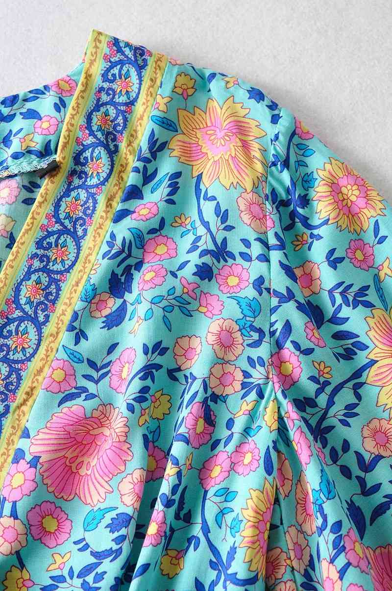Bohemia Cross V neck Floral print Flare Sleeve Rompers Women Loose Tie Bow Sashes Short Jumpsuits BOHO Bodysuits Holiday 210429