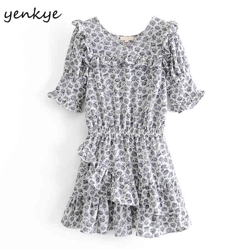 YENKYE Summer Dress Women Vintage Floral Print Asymmetric Ruffle Dress Female O Neck Short Sleeve Mini Vestido Short 210515