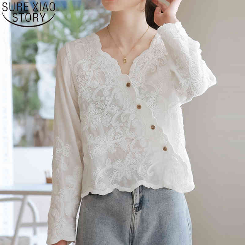 Casual tops V-Neck Button Women Shirts Cotton Floral Embroidery Blouse Solid white Long Sleeve Female Clothing 13332 210506