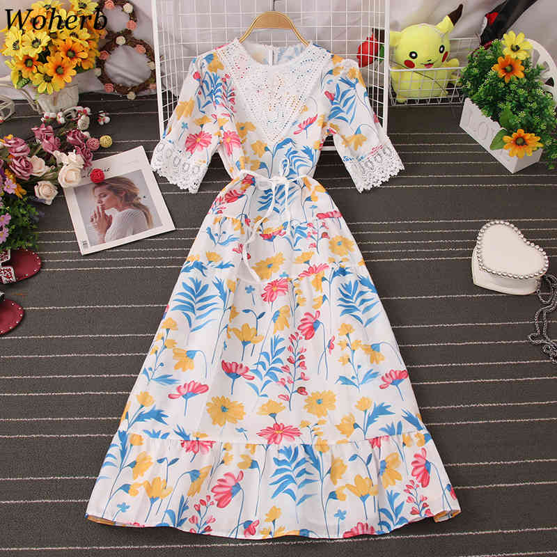 Women Beach Dress Summer Sexy Lace Hollow Out Vintage Floral Printed Dresses Woman Ruffle Long Robe Korean Chic 210519