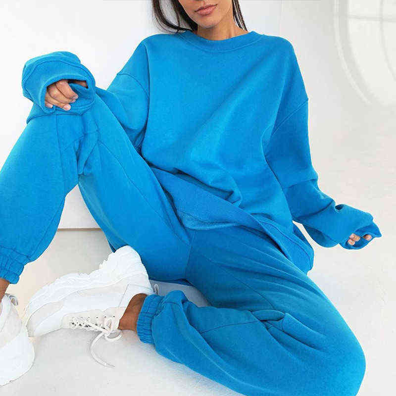 Fleece Women's Long Sleeve Tracksuit Sets Autumn Solid Hoodies Joggers Sportpants Suits Female Casual Sport 2 Piece Set 211116