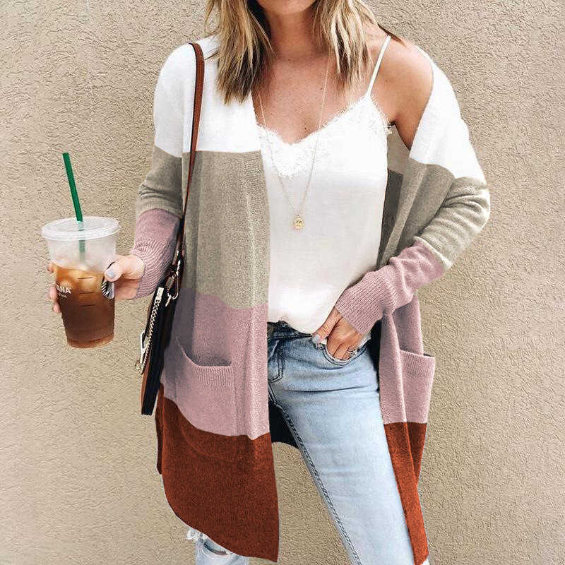 Winter Sweater Women Patchwork Colors Long Cardigan Sleeve Pockets V-Neck Female Casual Slim Fit Tops 210604