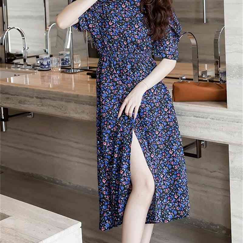 Floral Print Summer Dress Vintage Puff Short Sleeve Sexy Hollow back Beach Women Split Long Robe Vestidos 210519