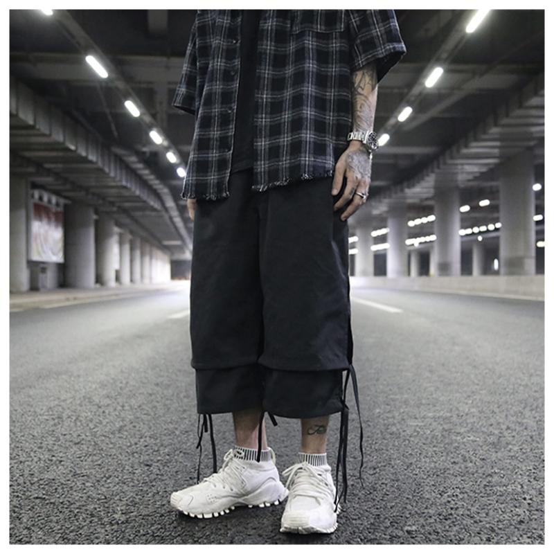 European And American High Street Dark Fan Can Tie Ribbons Layered Stitching Slits Loose Casual Six-point Wide Pants Men's