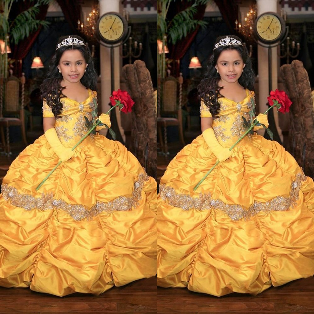 Yellow Retro Princess Cascading Ruffles Girls Pageant Dresses Crystal Beads Off Shoulder Short Sleeves Taffeta Flower Girl Dress Birthday Gowns 403 B0