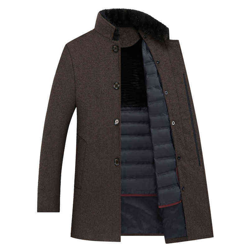 Wool Coat Men Thick Detachable Duck Down Liner Woolen Coat Mens Winter Warm Mens Trench Coat Long Overcoat Men England Style 211119