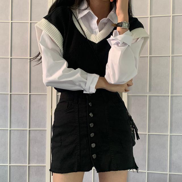 student tide stitching Korean style spring and autumn hit color wild V-neck vest sweater top women 210427