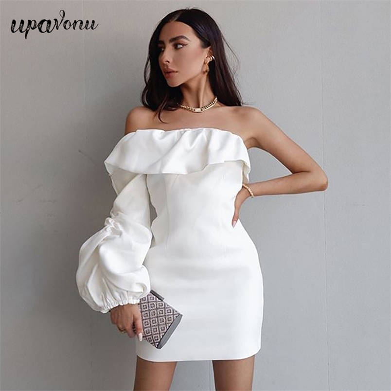 Free Spring Women's Dress Sexy One Shoulder Lantern Sleeve Bodycon Ruffle Club Night Party Mini Vestidos 210524