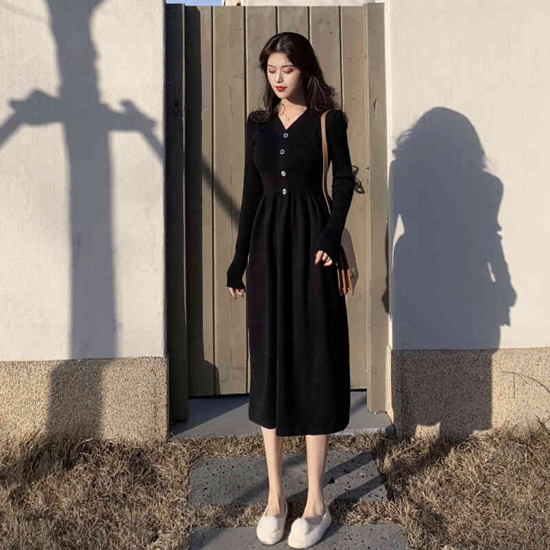 Black Sweater Dress Women Sexy V-neck Elegant Office Knitted Dress Female Long Sleeve Dress Korean Autumn Winter 210521