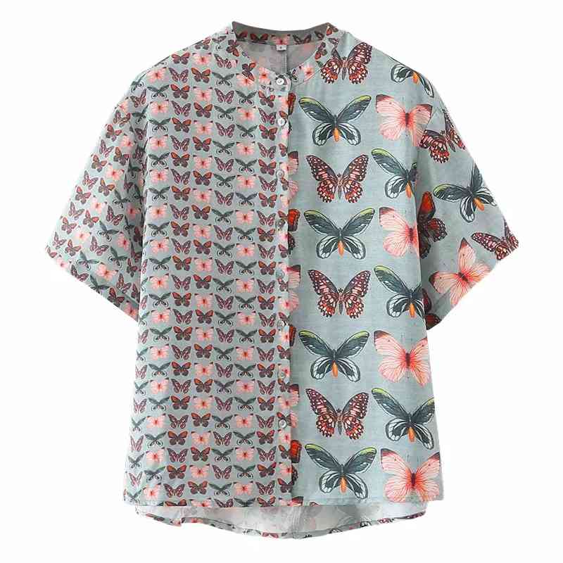 Summer Women Butterfly Printing Splicing Shirt Female Short Sleeve Blouse Casual Lady Loose Tops Blusas S8791 210430