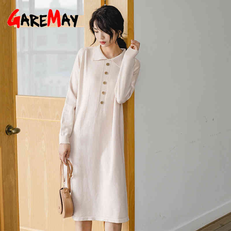 Autumn Women's Dress Office Casual Long Sleeve Maxi Sweater Oversize Turndown Elegant Knitted 210428