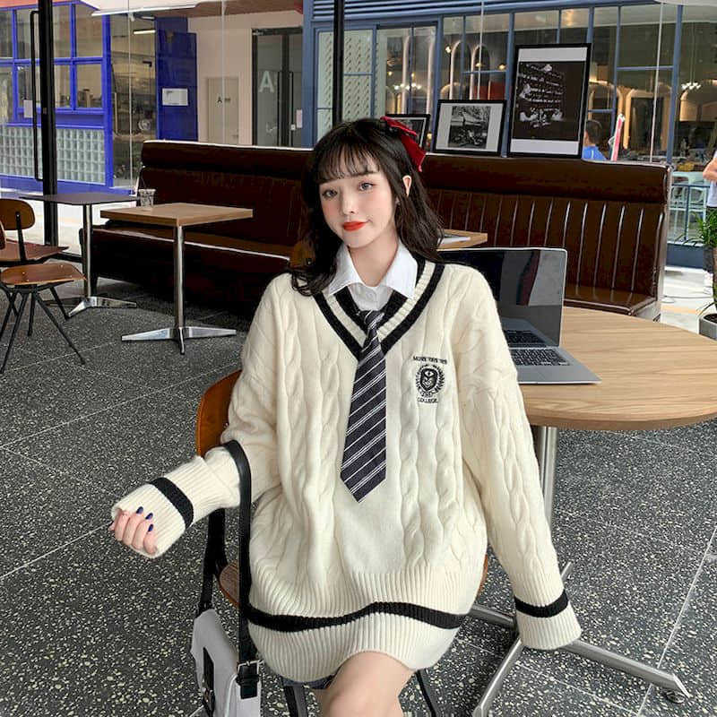College style autumn winter sweet cute V-neck sweater female student long-sleeved Korean loose all-match + shirt tie 210526