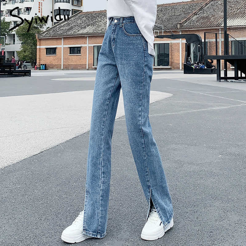 Syiwidii Women Jeans Black Flare Pants Front Side Slit Leg Spring High Waisted Bell Bottom Jeans Full Length Denim Clothes 210616