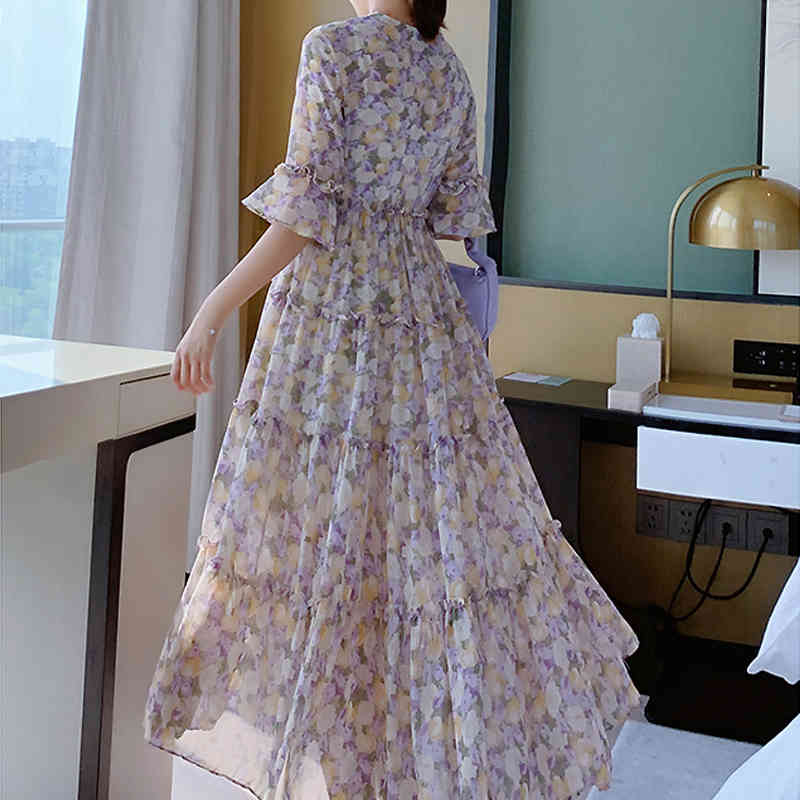 Summer French Style Elegant Chiffon High Waist Floral Dresses V Neck Loose Half Ruffle Sleeve Party Midi Dress Women D12701X 210416