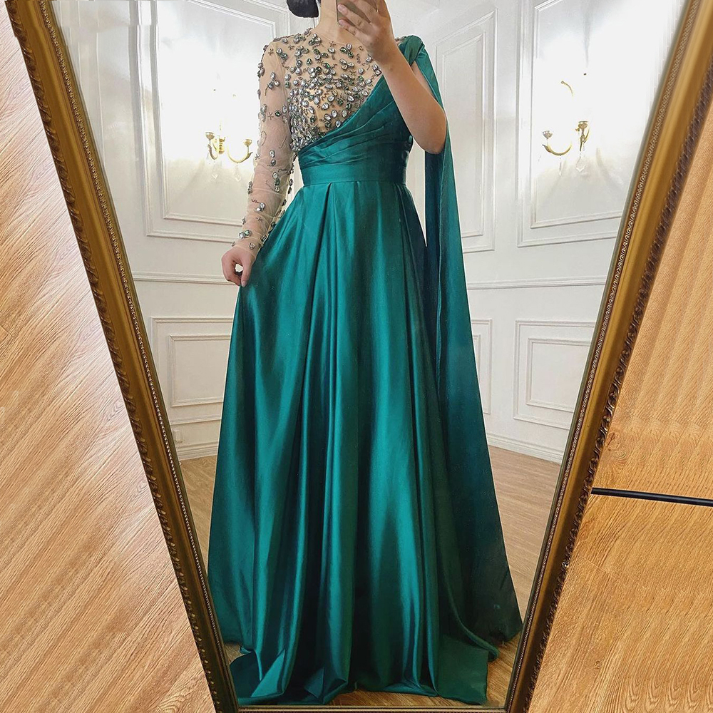 

Saudi Arabic Green A Line Formal Evening Dresses Long Sleeve 2021 Luxury Crystals Beaded One Shoulder Satin Women Prom Party Gowns Pageant Dress, Black