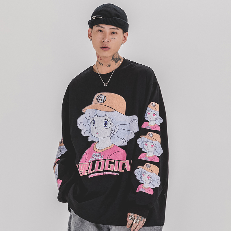 Men Hip Hop T Shirt Streetwear Cartoon Girl Print Harajuku Tshirt HipHop Oversize T-shirt Anime Cotton Tops Tee Long Sleeve 210329