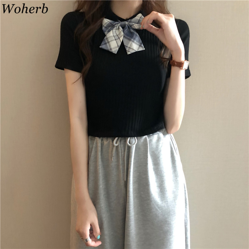 Summer Girls Sexy Crop Top T-shirt Bow Patch Kawaii Cute Tshirts Korean Women Slim Short Sleeve T Shirts Streetwear 210519
