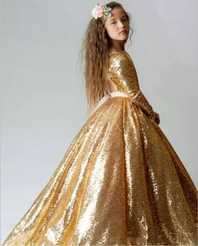 Gold Sequin Toddler Ball Gowns Girls Pageant Jewel Long Sleeves Formal Kids Party Gown Flower Girl Dresses for Weddings 0509
