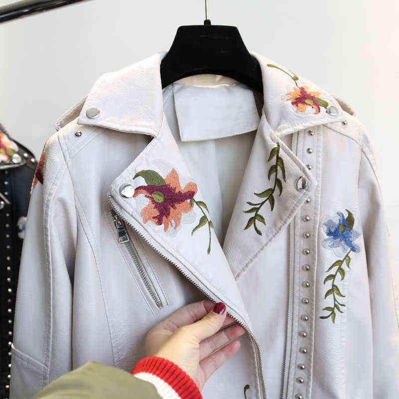 YIZZHOY Spring Autumn Floral Print Embroidery Faux Leather Jacket Women High Street Motorcycle Black Punk Outerwear Biker Jacket 211117