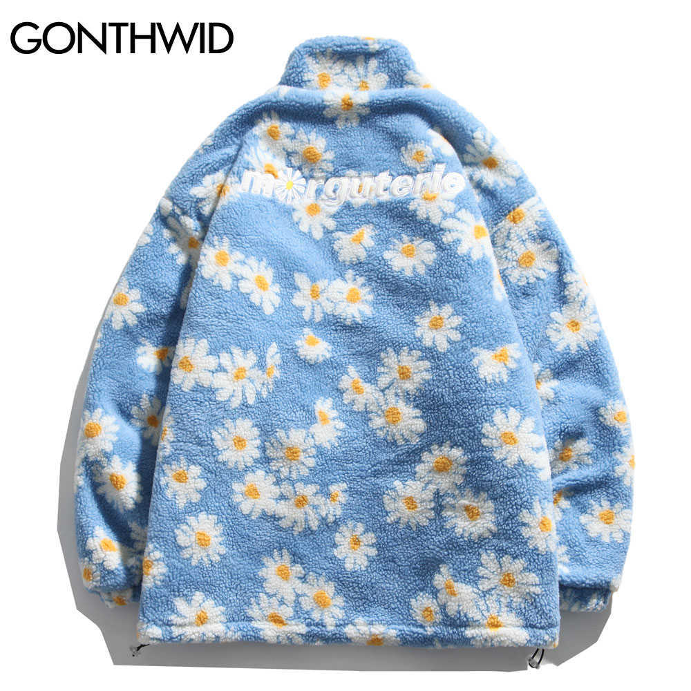 GONTHWID Cotton Padded Thick Parkas Jackets Streetwear Hip Hop Daisy Print Fleece Warm Full Zip Coats Fashion Harajuku Outwear 210818