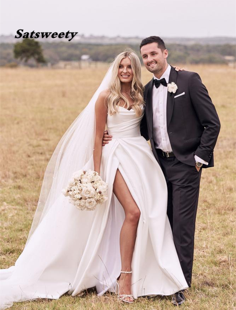 Satin Wedding Dresses Strapless A-Line Bridal Gowns Princess Custom Made High Split Wedding Gown vestido de noiva 2021, White
Satin Wedding Dresses Strapless A-Line Bridal Gowns Princess Custom Made High Split Wedding Gown vestido de noiva 2021, White