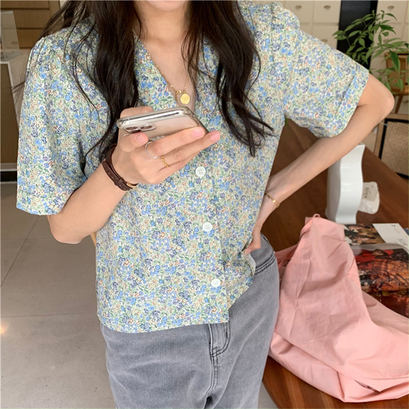 Summer Printed Florals Thin Femme Vintage Prom Retro Girls Short Sleeves Notched All Match Office Lady Shirts 210421