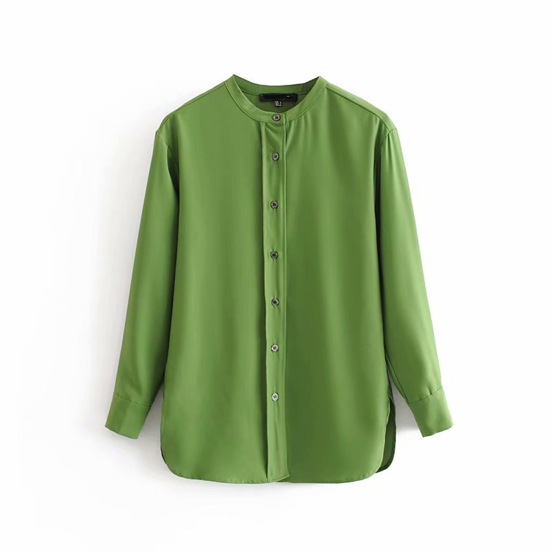 Vintage Elegant Women Khaki Twill Blouse Stylish Chic Ladies Button Stand Collar Shirts Casual Green Blusas Mujer 210520
