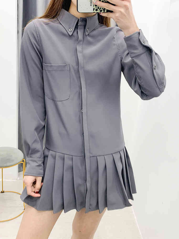 beauty Fashion Preppy Style Solid Pleated Dress Women Casual Chic Long Sleeve Mini Dresses Mujer Vestido De Moda 210514