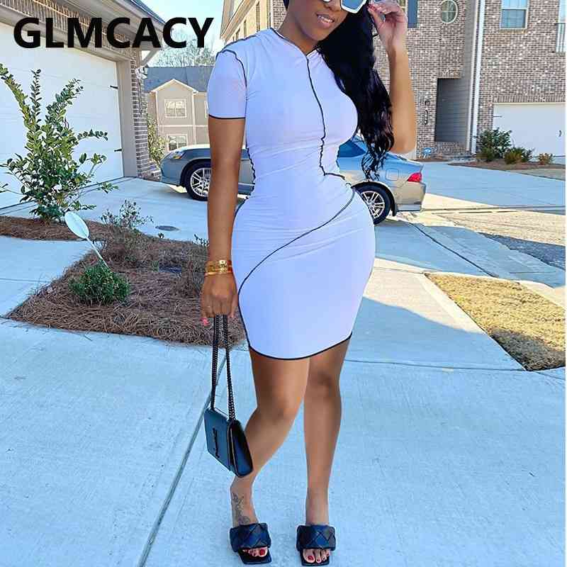 Women Short Sleeve O-neck Slim Fit Mini Bodycon Dress 210702