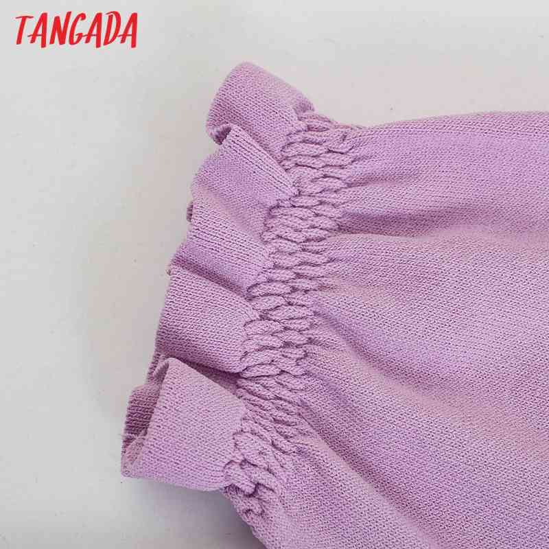 Women Fashion Beading Buttons Strethy Cropped Knitted Sweater Puff Sleeve Ruffled Female Pullovers Chic Tops BE494 210416