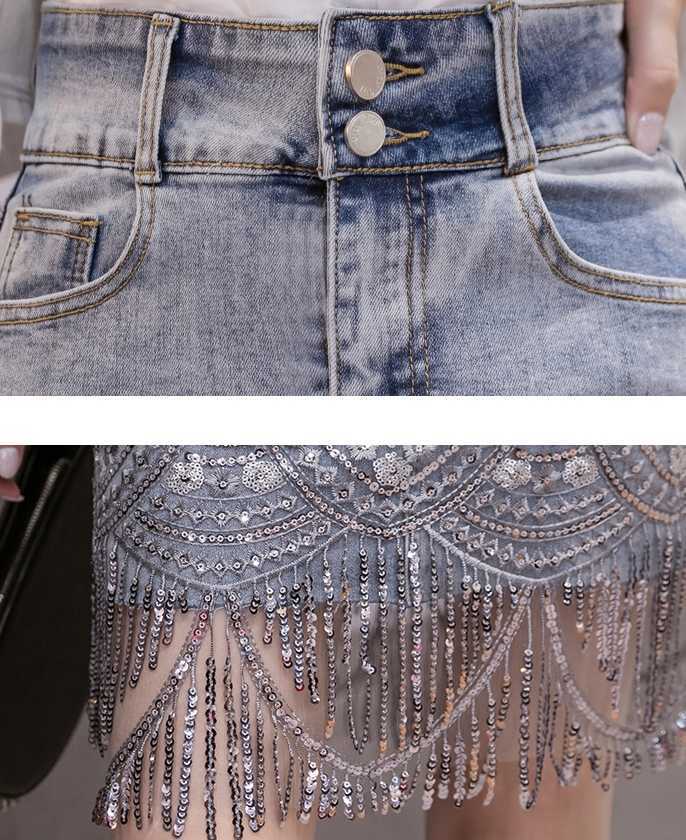 Summer Korean Sexy Women Denim Mini Skirts High Waist Blue Package Hip Jeans Fashion Beading Tassel SKirt B05601 210619