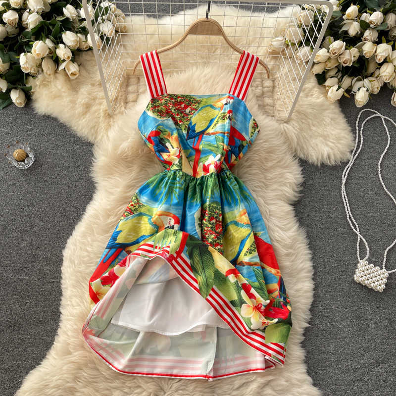 DEAT Women Strap Printing Dress Square Collar Sleeveless Arrivals Lady Temperament Fashion Spring Summer 11D571 210709